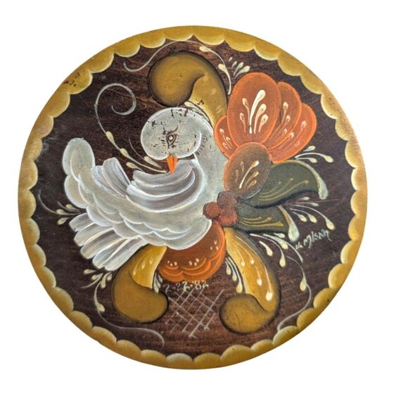 Vintage 80s‎ Hand Painted Wood Round Trinket Container Bird Boho - Picture 1 of 8
